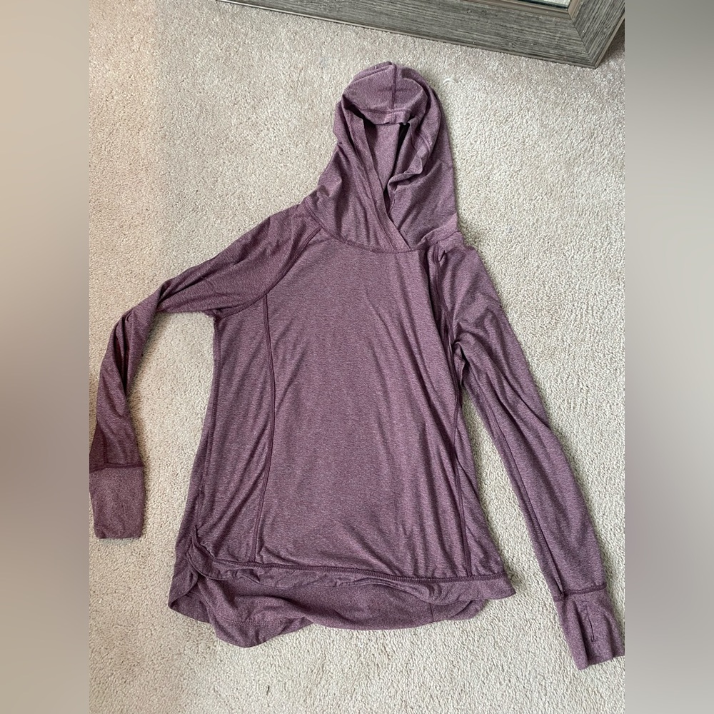 Purple athletic jacket, with hood and thumb holes
